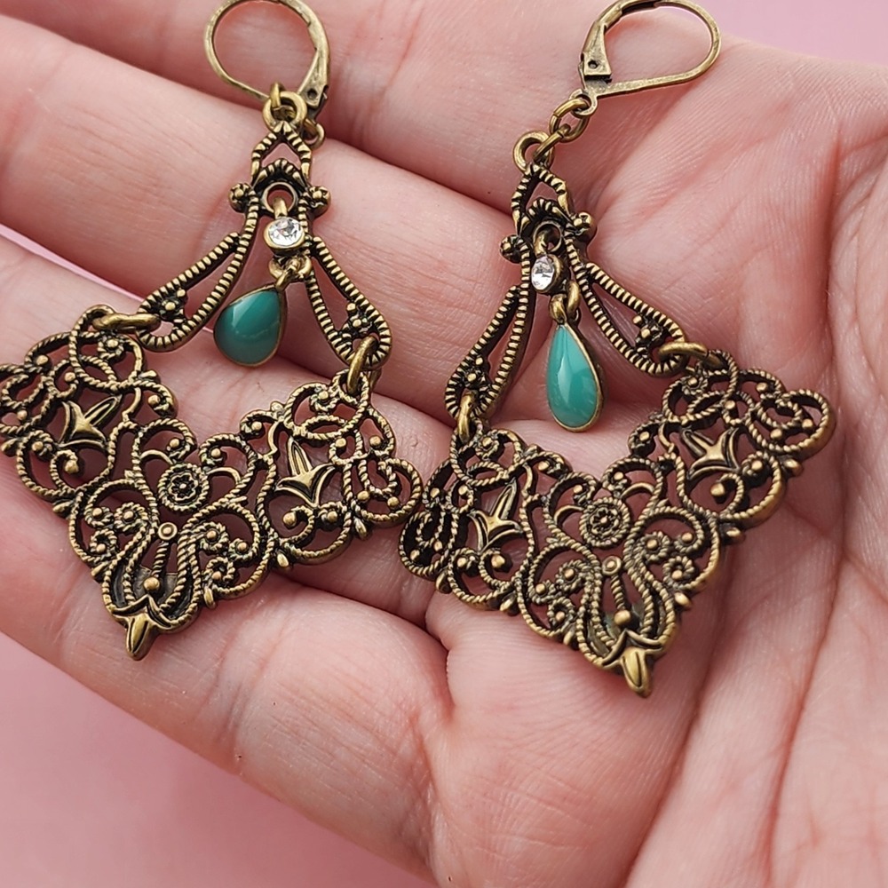 1928 Jewelry Turquoise Teardrop Rhinestone Filigree Boho Dangle Earrings Gold